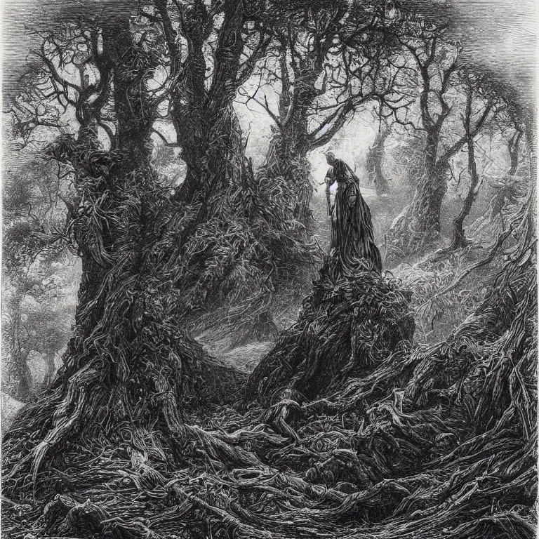 Image similar to an engraving of a knight in a tangled forest at night, wistman ’ s wood by gustave dore, john blanche, ian miller, highly detailed, strong shadows, depth, illuminated focal point