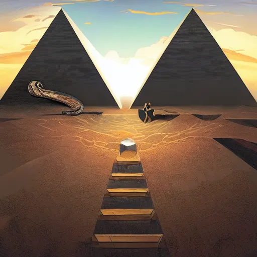 Prompt: point perspective path towards a pyramid with black snake in the sky ,by artgerm and Craig Mullins, James Jean, Andrey Ryabovichev, Mark Simonetti and Peter Morbacher 16k