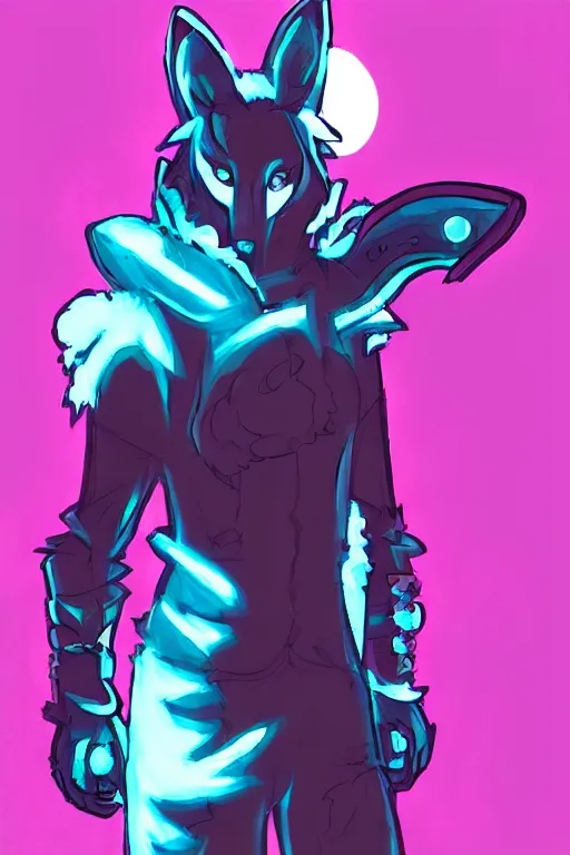 Prompt: a cyberpunk anthropomorphic wolf with a fluffy tail, comic art, trending on furaffinity, cartoon, kawaii, backlighting, furry art!!!, neon, concept art