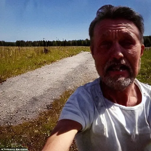 Prompt: last selfie of last alive scared ukrainian very damaged body to bones running from nuclear explosion