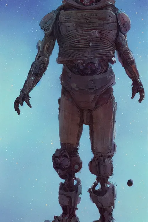 Image similar to upper body portrait of kiefer sutherland wearing old tattered dune stillsuit, nebula in the background, illustration by normal rockwell and mandy jurgens, influenced by john berkey and greg rutkowski, artstation character concept