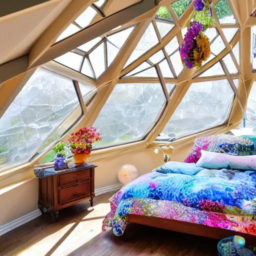 Prompt: interior of cozy queer geodesic dome bedroom with flowers, iridescent windows, hyperrealistic fine art oil painting