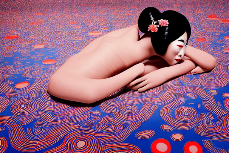 Image similar to hyperrealistic detailed image of a geisha laying in a art installation room, hd smooth interior by yayoi kusama, part by kei mieno, part by ross tran, dark art by james jean, ultra realistic, highly detailed, life like face, detailed body, 8 k, 3 d render by roger magrini, very cohesive, masterpiece