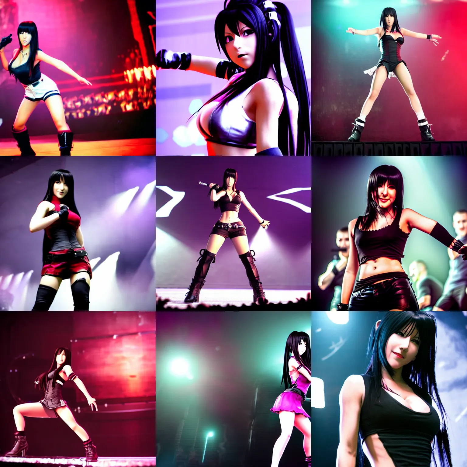 Prompt: photo of Tifa from Final Fantasy performing on stage