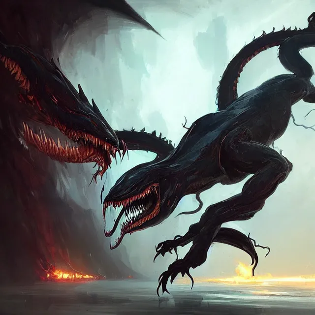 Prompt: a painting of a venom dragon by greg rutkowski, dark fantasy art, high detail, trending on artstation