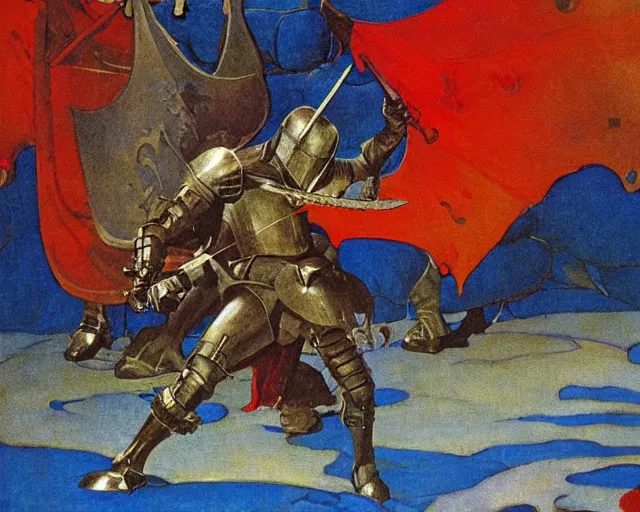 Image similar to knight in blue armor, fighting a large red dragon, by n. c. wyeth, high detail,