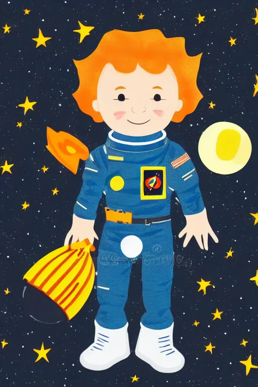 Image similar to a little boy with ginger hair floating in space. he is an astronaut wearing a space suit. clean elegant simple illustration, beautiful detailed face.