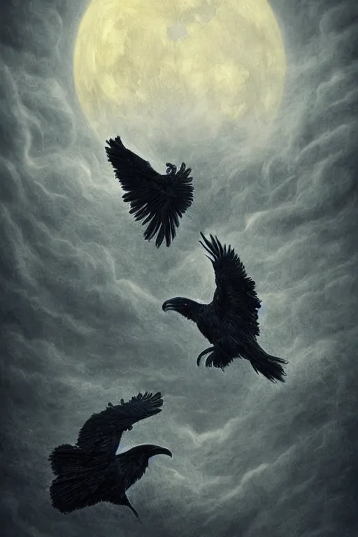 Image similar to Intricate stunning highly detailed surreal ravens by agostino arrivabene and Seb McKinnon, sculpture, ultra realistic, Horror vacui, full moon, thick swirling smoke tornado, fire embers, trending on artstation