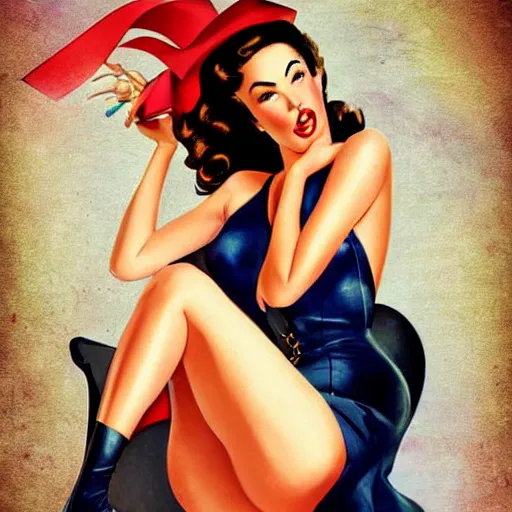 Image similar to a pinup illustration of megan fox in the style of gil elvgren and in the style of anna dittmann.