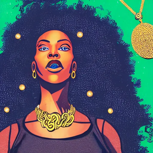 Prompt: afrofuturist woman with gold jewelry, revolutionary art style