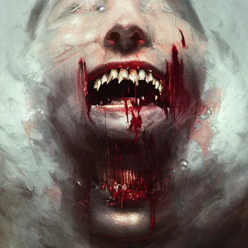 Image similar to portrait painting of a vampire monster, mysterious atmospheric lighting, feral, teeth, a bit of blood, manor, medieval, dark fantasy, painted, intricate, volumetric lighting, rich deep colours masterpiece, golden hour, sharp focus, ultra detailed, by ruan jia