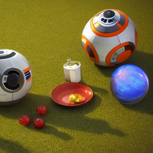 Image similar to bb 8 and hal 9 0 0 0 having a picnic, octane render, unreal engine, 8 k, hyperrealistic, photorealism