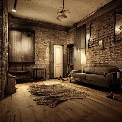 Prompt: rustic apartment interior, highly detailed, concept art, dark moody, night