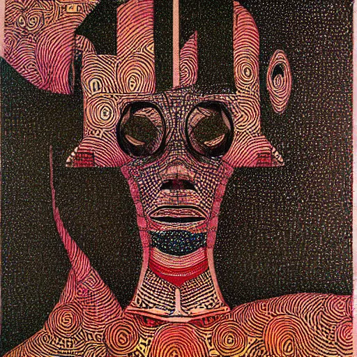 Prompt: portrait of a cyborg in the style of audrey kawasaki, draped in ornate patterned curtains, by kazimir malevich, zdzislaw beksinski, georgia o'keeffe, ink and charcoal on paper, wires, metal panels