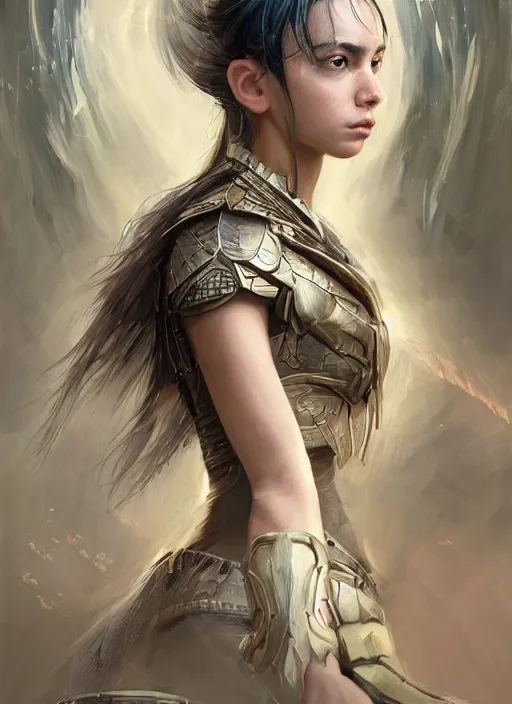 Image similar to a professional portrait of a beautiful young female, clothed in ethereal battle armor, olive skin, long dark hair, beautiful bone structure, symmetrical facial features, intricate, elegant, digital painting, concept art, smooth, sharp focus, finely detailed, illustration, from Valerian and the City of a Thousand Planets, in the style of Ruan Jia and Mandy Jurgens and Artgerm and Greg Rutkowski and William-Adolphe Bouguerea