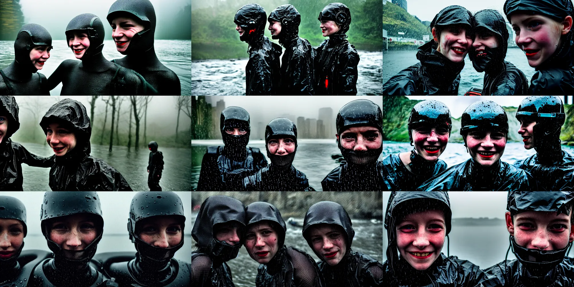 Prompt: cinestill 5 0 d candid photographic portrait by helen levitt of two smiling cyborgs wearing rugged black mesh techwear in treacherous waters, extreme closeup, modern cyberpunk moody depressing cinematic, pouring rain, 8 k, hd, high resolution, 3 5 mm, f / 3 2, ultra realistic faces, ex machina