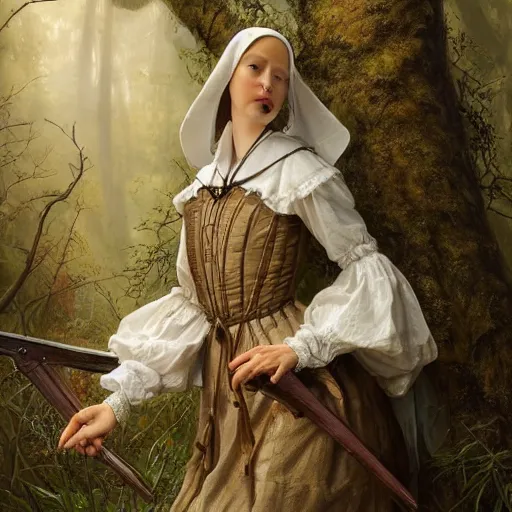 Image similar to A masterpiece portrait of a Incredibly beautiful queer maid barique renaissance swamp nun girl hunting on deer with russian greyhound medium shot, intricate, elegant, highly detailed. trending on artstation, digital art, by Stanley Artgerm Lau, WLOP, Rossdraws, James Jean, Andrei Riabovitchev, Marc Simonetti, Yoshitaka Amano. background by James Jean and Gustav Klimt, light by Julie Bell, 4k, porcelain skin. Studio Ghibli