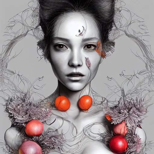 Image similar to the portrait of an incredibly beautiful, graceful, elegant woman comprised of fruit, an ultrafine detailed illustration by kim jung gi, irakli nadar, intricate linework, bright colors, final fantasy, behance contest winner, angular, unreal engine 5 highly rendered, global illumination, radiant light, detailed and intricate environment