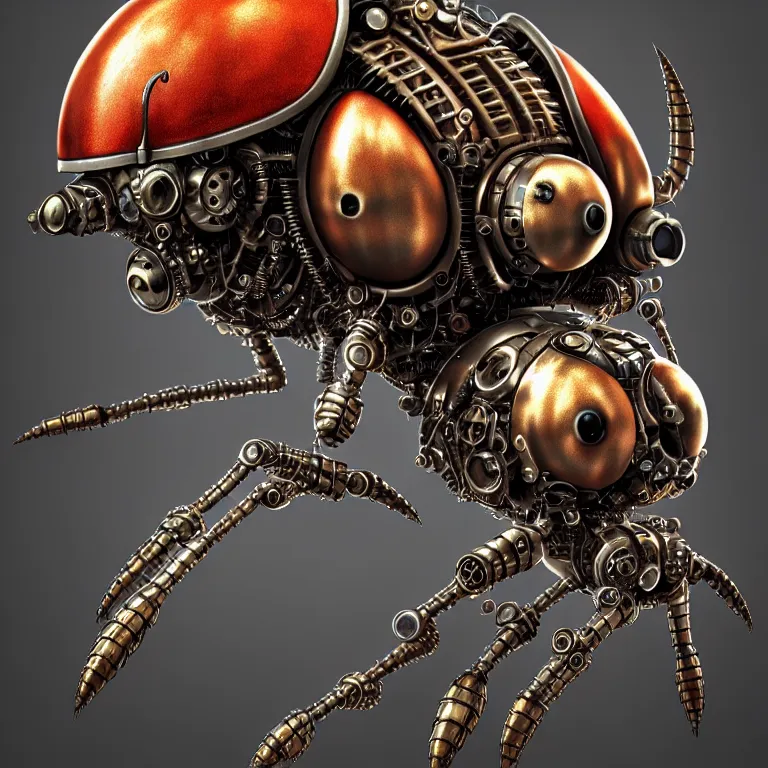 Image similar to steampunk cybernetic biomechanical ladybug, 3 d model, unreal engine realistic render, 8 k, micro detail, intricate, elegant, highly detailed, centered, digital painting, artstation, smooth, sharp focus, illustration, artgerm, tomasz alen kopera, wlop