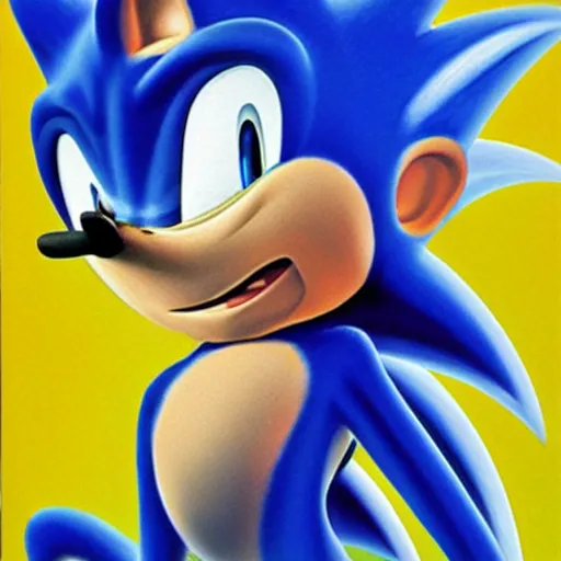 Prompt: a distorted, surrealist painting of classic Sonic the Hedgehog, Sega, 1991