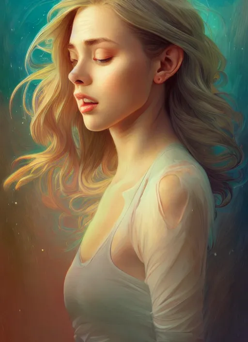 Image similar to handsome young women with shoulder length blonde hair, epic, half body shot, path traced, highly detailed, high quality, digital painting, alena aenami, lilia alvarado, shinji aramaki, karol bak, alphonse mucha, tom bagshaw