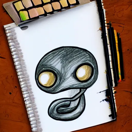 Prompt: children's drawing of a generic alien being drawng with crayons