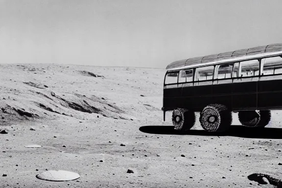 Image similar to a wide angle photo of a bus on the moon