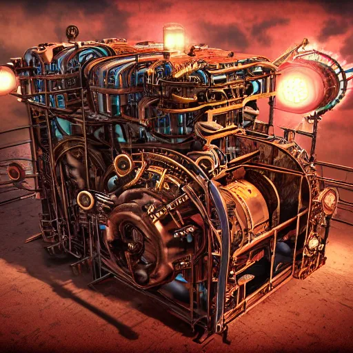 Prompt: album art, tripmachine, album is called tripmachine, photo of a huge steampunk generator, 8 k, fluorescent colors, halluzinogenic, multicolored, exaggerated detailed, front shot, 3 d render, octane