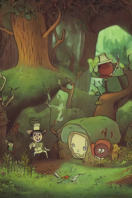 Prompt: over the garden wall background painting. the woods