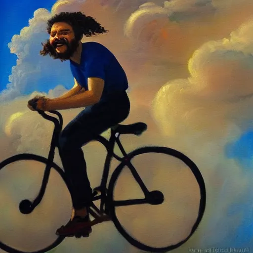 Prompt: A painting of a joyful man riding a bicycle in the clouds, action shot, subject is smiling, expressive oil painting