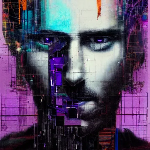 Image similar to hyperrealistic portrait of a cyberpunk character, adult man, long hair, glitch eyes, by Guy Denning, Johannes Itten, Derek Gores, Russ Mills, glitch art, smooth lines, fine detail, polished, complex, hacking effects, holographic, digital tech effects, blue and violet, color blocking!, realistic, acrylic on canvas, concept art, abstract!, symmetrical, 8k, concept art, octane, photorealistic, cgsociety, trending on artstation