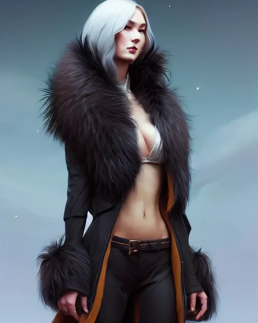 Image similar to dragon hunter wearing a fur - lined dragonhide jacket!!! beautiful and elegant female!! symmetry, character concept art, sharp focus, illustration, artgerm!! greg rutkowski! wlop!! ilya kuvshinov!! charlie bowater! octane render! unreal engine 5! highly rendered!! trending on artstation!!!