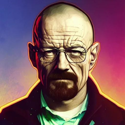 Prompt: high quality illustration, walter white realistic portrait, by etam cru, cyberpunk, alphonse mucha, riot game, beautiful, epic camera, colorful background, arcane, league of legend, digital painting, dynamic colors, artstation, concept art, neon