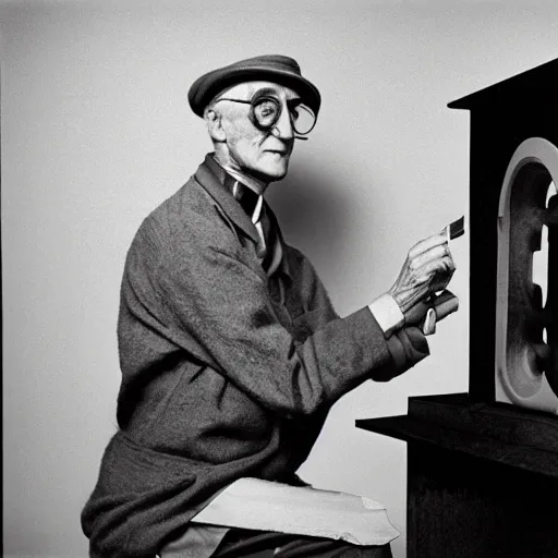 Image similar to Kodachrome photo of Marcel Duchamp with an ancient machine, archival pigment print in the style of Hito Steyerl, studio shooting, contemporary art