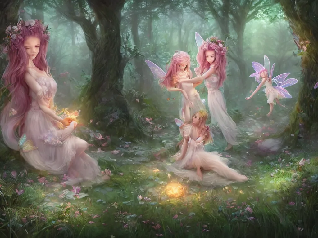 Prompt: two cute fairy in the dreamy forest, fantasy, dreamlike, 8 k resolution, hyper detailed, d & d, character design, digital painting, trending on artstation, sharp focus, illustration, art by artgerm, viktoria gavrilenko, hoang lap, fuji choko, steve zheng