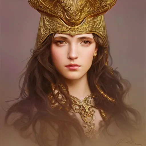 Prompt: an attractive young female wearing an ornate metallic helmet, holly pears, olive skin, long dark hair, beautiful bone structure, intricate, elegant, highly detailed, digital painting, artstation, concept art, smooth, sharp focus, illustration, art by artgerm and greg rutkowski and alphonse mucha