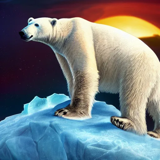 Image similar to polar bear drinking beer on iceberg in mars, beer can in hand, beer can, outer space, planet mars, illustration, computer painting, high resolution,, trending on deviantart, hdr, hyper detailed, insane details, intricate, elite, ornate, dramatic lighting