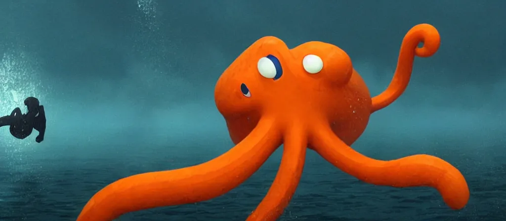 Image similar to A Still of one giant OctoDad emerged from the ocean, water dripping off him, Octodad is gigantic, a tiny boat in the water beneath Octodad, you can see this from the beach looking out into a dark a storming ocean, Movie shot film, gloomy very misty, Octodad is going towards a City, you can see a City next to a Beach