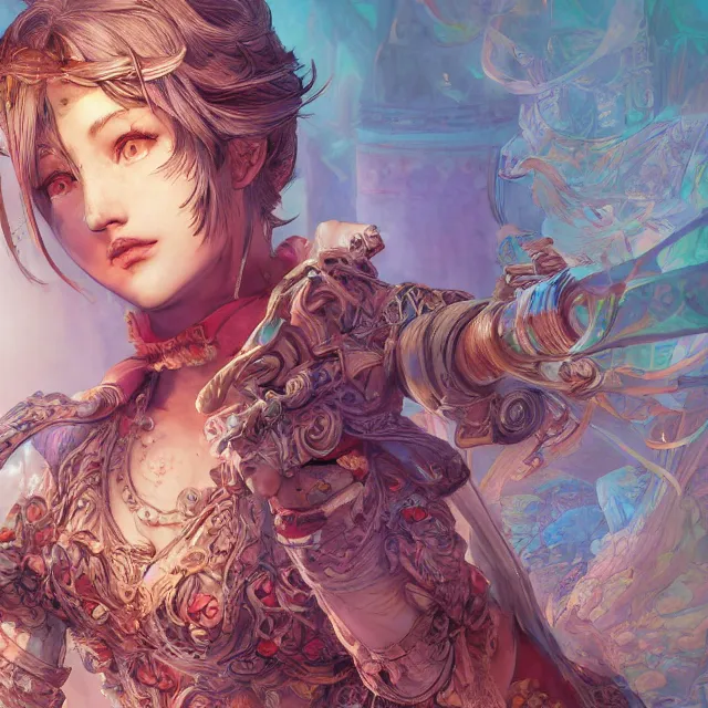 Image similar to the portrait of neutral good colorful female cleric bard as absurdly beautiful, gorgeous, elegant, skinny young gravure idol, an ultrafine hyperdetailed illustration by kim jung gi, irakli nadar, intricate linework, sharp focus, bright colors, octopath traveler, final fantasy, unreal engine 5 highly rendered, global illumination, radiant light, detailed and intricate environment