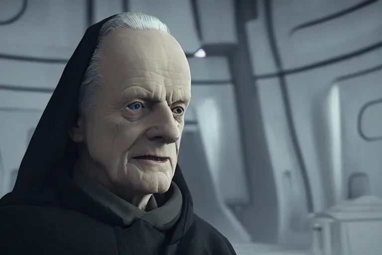 Prompt: a cinematic still of Ian McDiarmid as palpatine, wearing sith hood, ((octane render, nvidia raytracing demo)), masterpiece