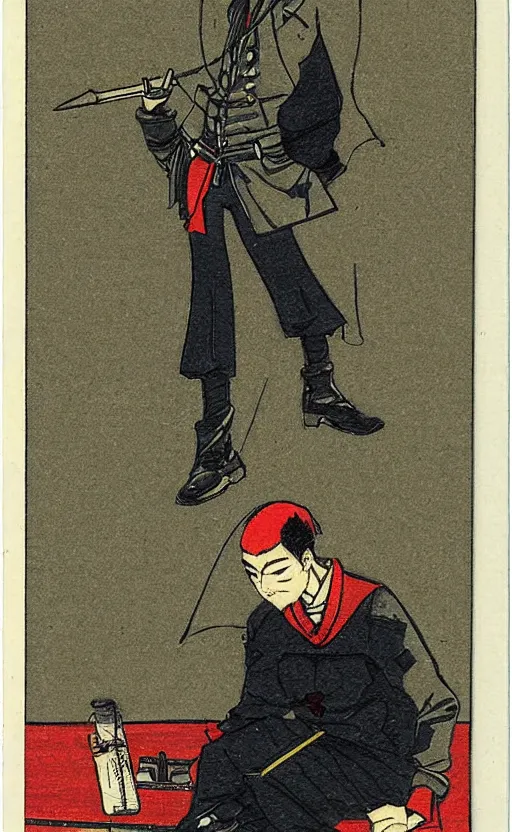 Prompt: by akio watanabe, manga art, alone male calligrapher inside castle armory, trading card front, realistic anatomy