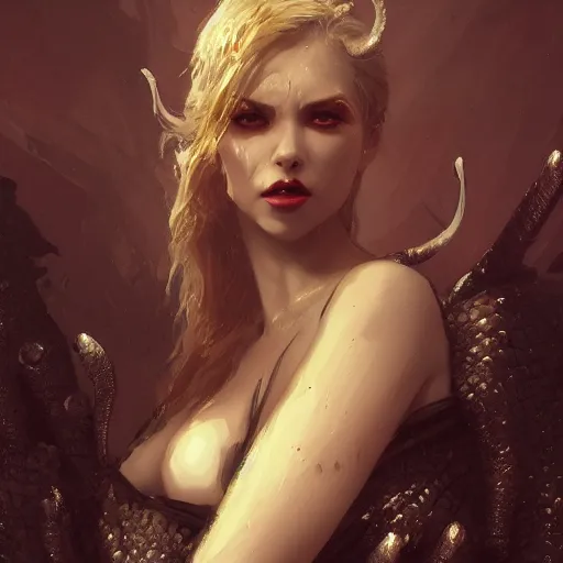 Prompt: a fancy portrait of an attractive succubi covered in dragon scales by greg rutkowski, sung choi, mitchell mohrhauser, maciej kuciara, johnson ting, maxim verehin, peter konig, 8 k photorealistic, cinematic lighting, hd, high details, dramatic, dark atmosphere, trending on artstation