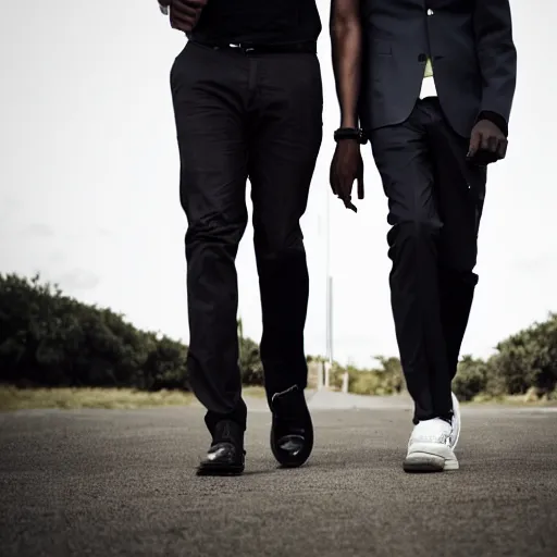 Image similar to a tall black man and a short white man walk together