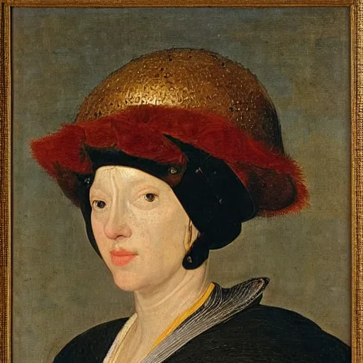 Prompt: Portrait of a woman with a helmet, by Jan Brueghel the Elder