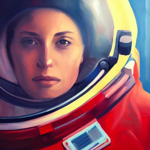 Prompt: a portrait of an intensely lit female astronaut in space station, red, oil painting, pale colors, high detail, 8 k, wide angle, trending on artstation,