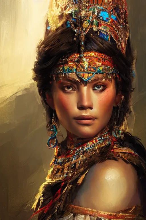 Image similar to aztec princess, gorgeous, close - up portrait, intricate, elegant, volumetric lighting, scenery, digital painting, highly detailed, artstation, sharp focus, illustration, concept art, ruan jia, steve mccurry