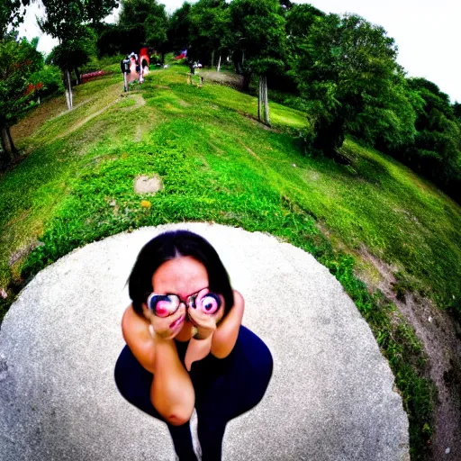 Image similar to person very close to camera, wideangle fisheye lense photography