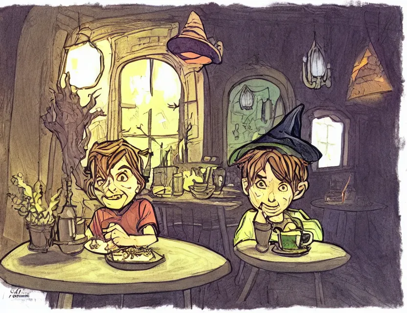 Image similar to witch boy in a suspicious cafe. complementary colors, copic markers, indie concept art, bloom, chiaroscuro, backlighting, intricate details.