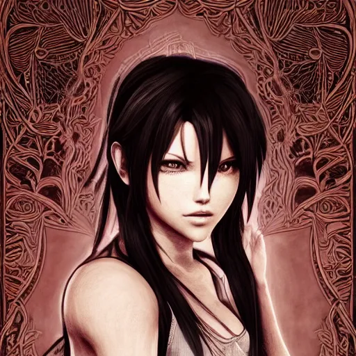 Image similar to a portrait of tifa lockhart beautiful elegant partially made of potatoes roots and violets, an ultrafine detailed illustration by james jean, final fantasy, intricate linework, bright colors, behance contest winner, vanitas, angular, altermodern, unreal engine 5 highly rendered, global illumination, radiant light, detailed and intricate environment