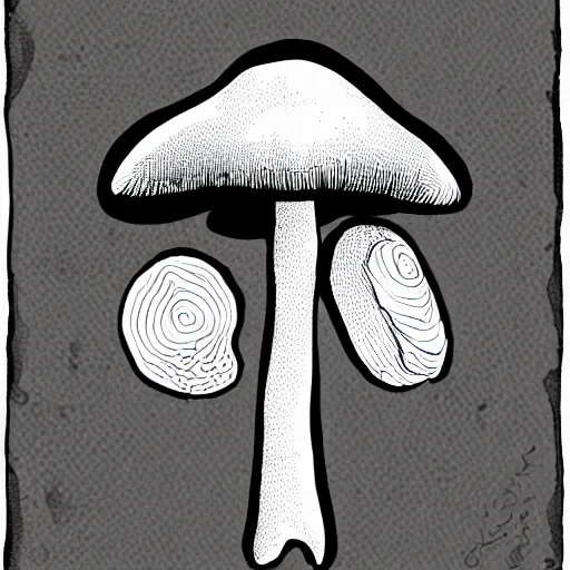 Prompt: mushroom with long stem, black and white illustration